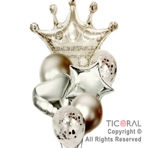 SET DE GLOBOS METALIZADO CORONA PRINCESA PLATA 7 UNIDADES X 1